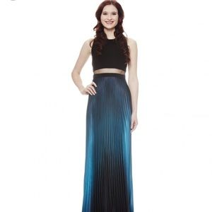 Betsy & Adam Black Crop Top with Blue Ombre Pleated Skirt Prom Dress